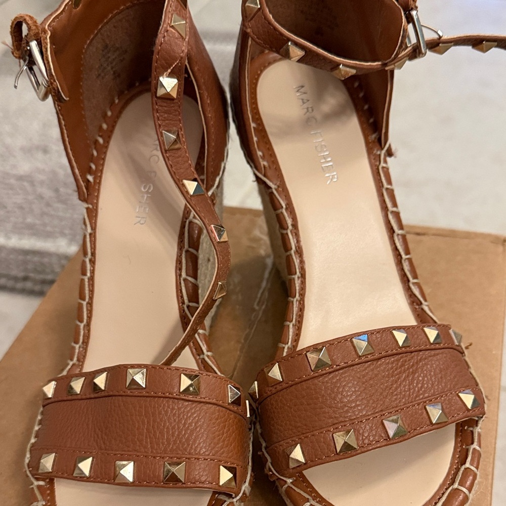 Marc Fisher Tan Leather Studded Ankle-Strap Sandals